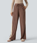 Pantalon jogging décontracté droit colorblock en velours côtelé, taille haute, avec cordon et poches