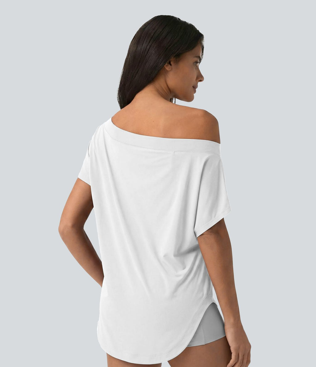 Top de sport yoga asymétrique à épaule dénudée manches courtes ourlet arrondi et coupe asymétrique à séchage rapide – Soutien-gorge intégré