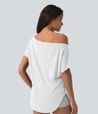 Top de sport yoga asymétrique à épaule dénudée manches courtes ourlet arrondi et coupe asymétrique à séchage rapide – Soutien-gorge intégré