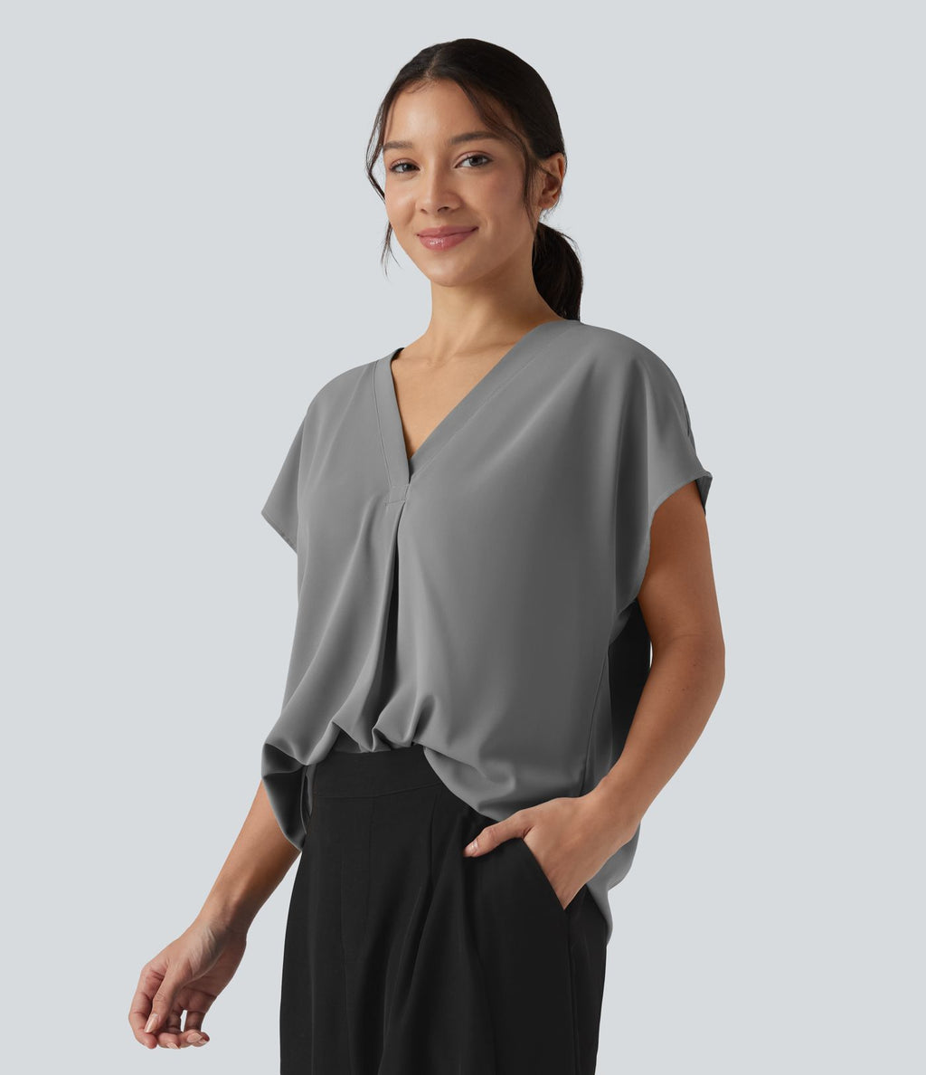 Blouse esprit bureau oversize défroissage facile, col V et manches courtes