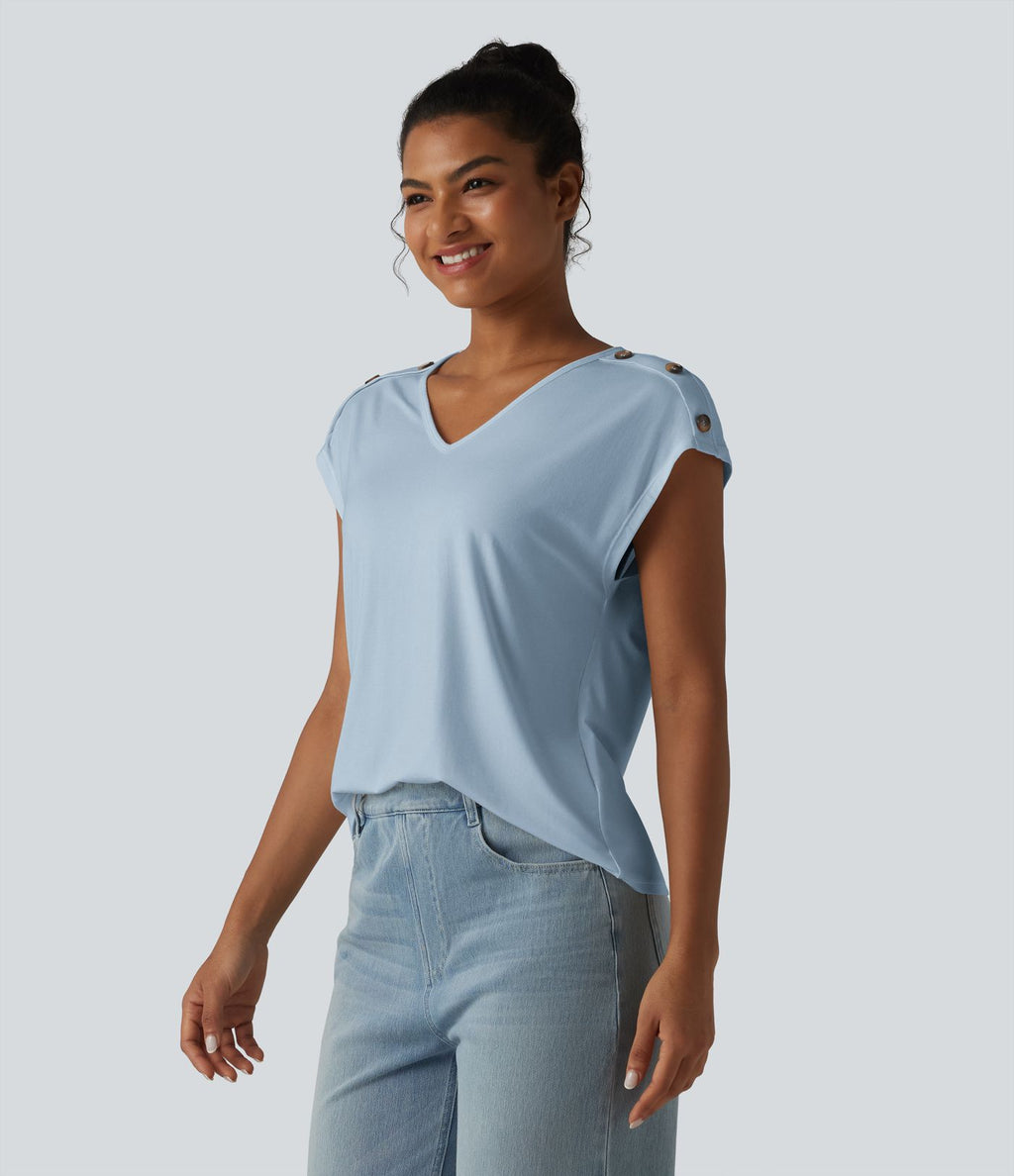 T-shirt décontracté col V manches courtes boutons décoratifs