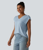 T-shirt décontracté col V manches courtes boutons décoratifs