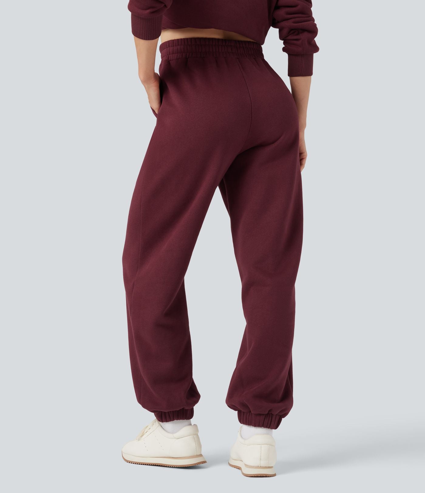 Jogging molleton taille haute repliable avec cordon de serrage et poches