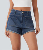 Short décontracté en jean extensible délavé Halara Flex™ taille moyenne avec revers et poches avant