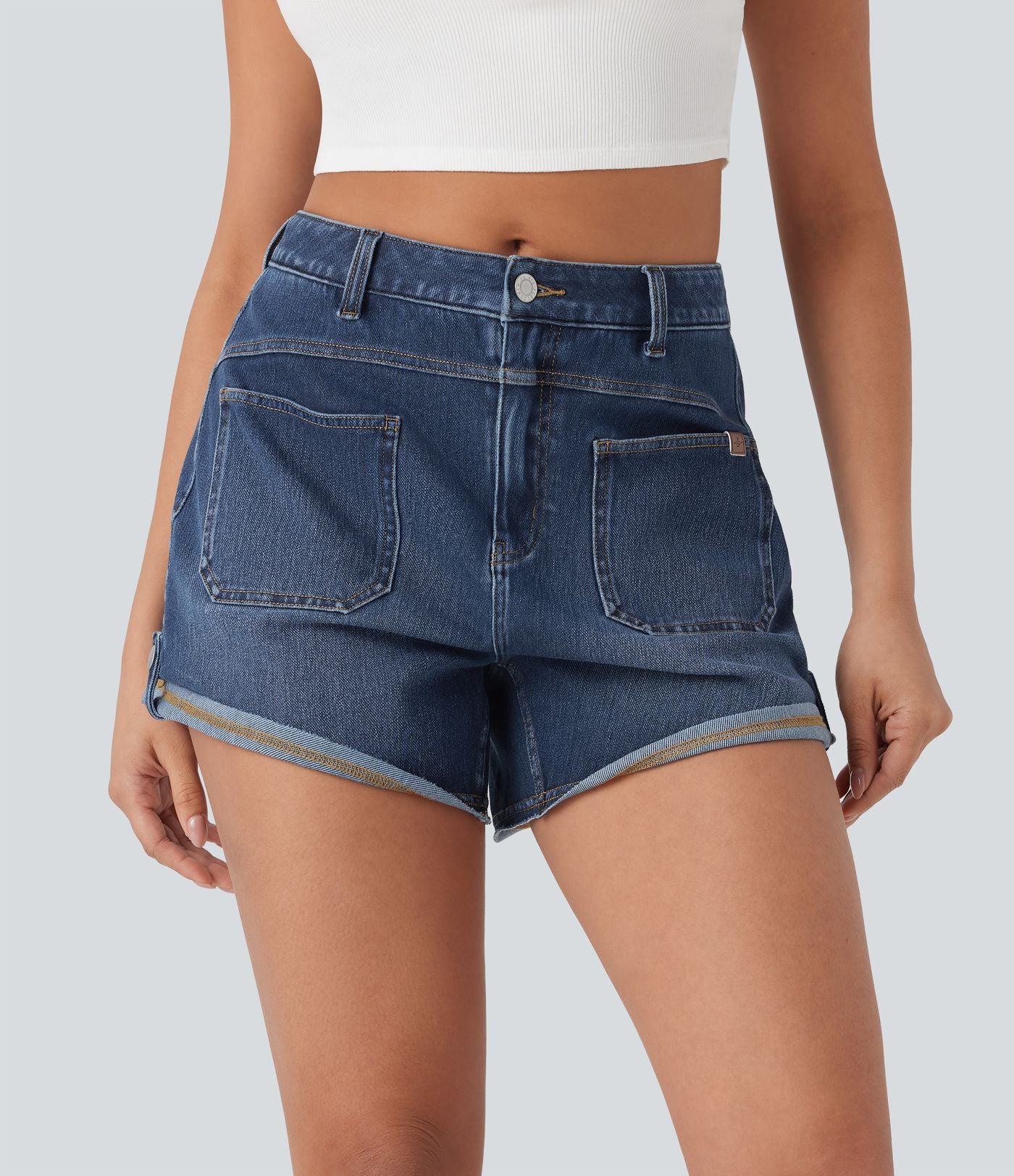 Short décontracté en jean extensible délavé Halara Flex™ taille moyenne avec revers et poches avant