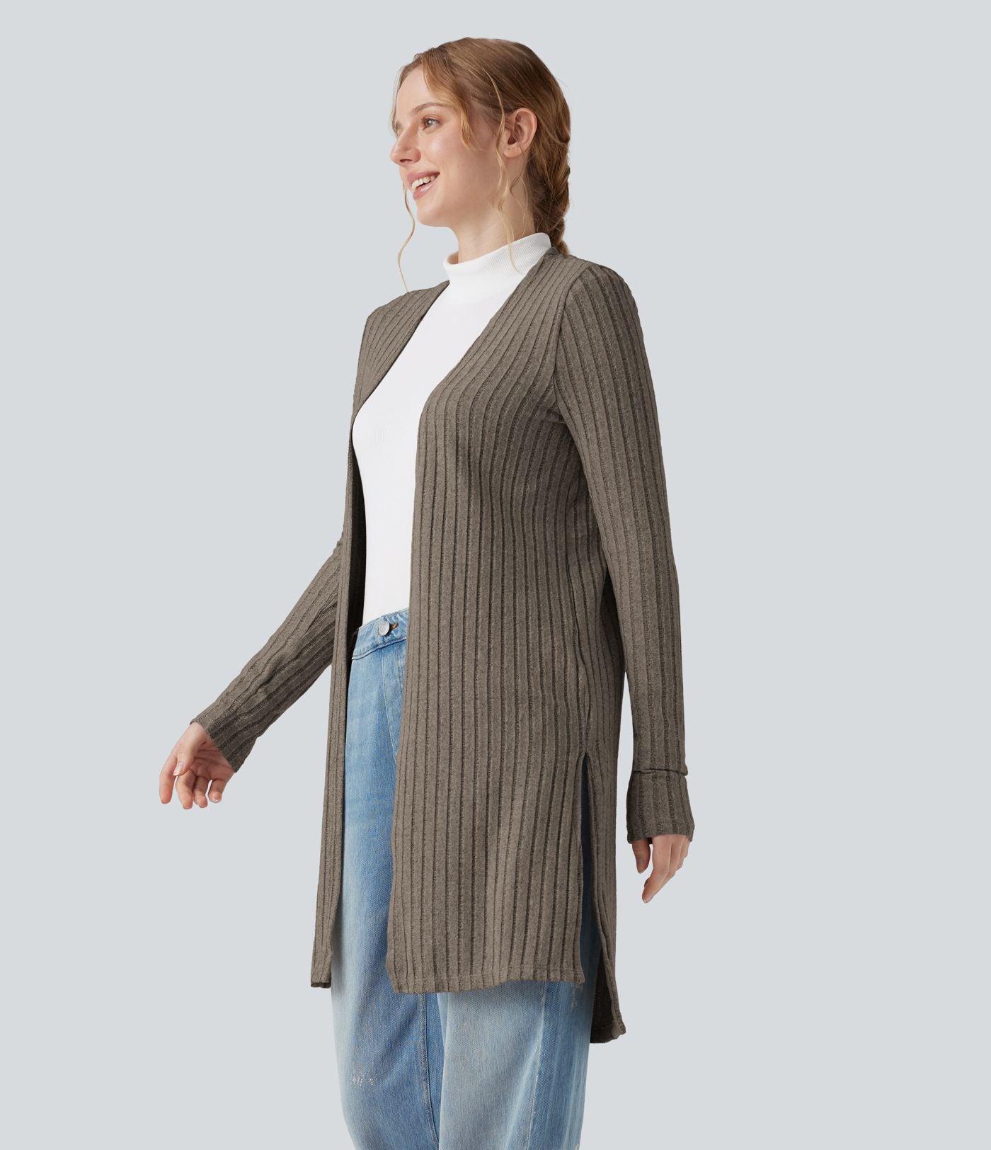 Manteau décontracté côtelé à manches longues avec fentes