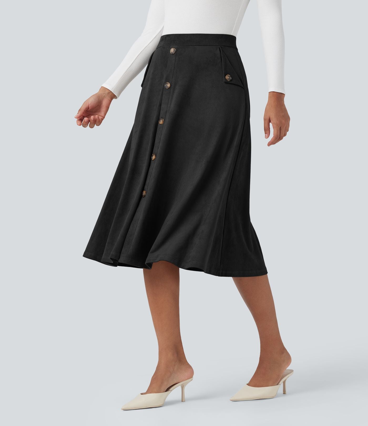 Jupe mi-longue évasée effet daim taille haute avec poches