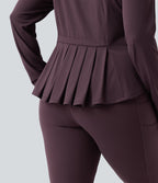 SoftlyZero™ Veste de randonnée grande taille ajustée zippée plissée à col montant avec passants pouces et poches - UPF50+