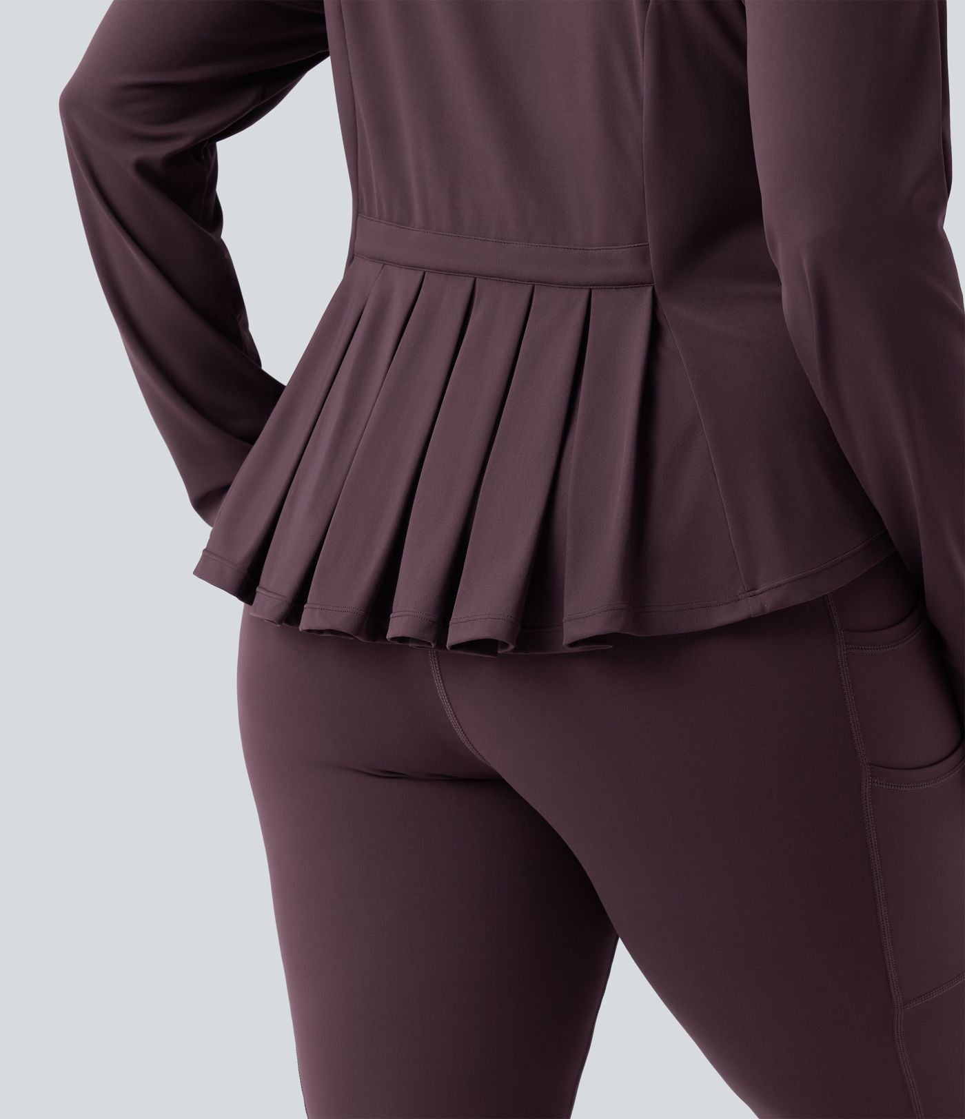 SoftlyZero™ Veste de randonnée grande taille ajustée zippée plissée à col montant avec passants pouces et poches - UPF50+