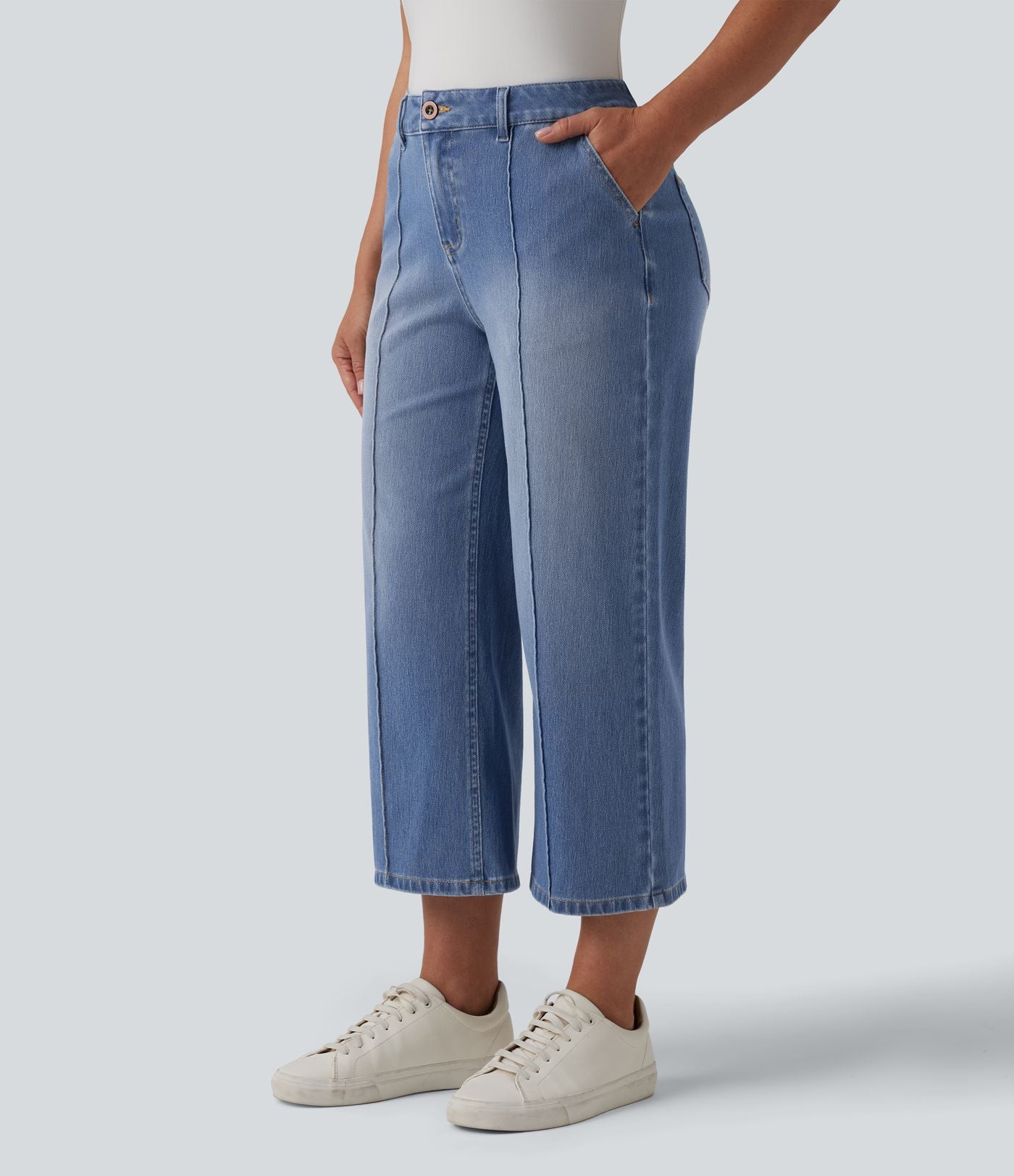 Jean Halara Flex™ décontracté délavé taille mi-haute coupe droite raccoucie avec poches
