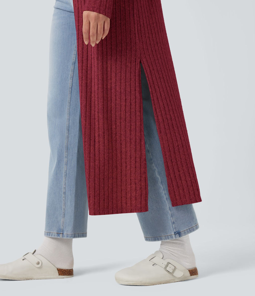 Manteau long décontracté maille côtelée manches longues avec fente