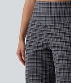 Pantalon large taille haute ventre plat à carreaux en tissu froissé séchage rapide avec poches