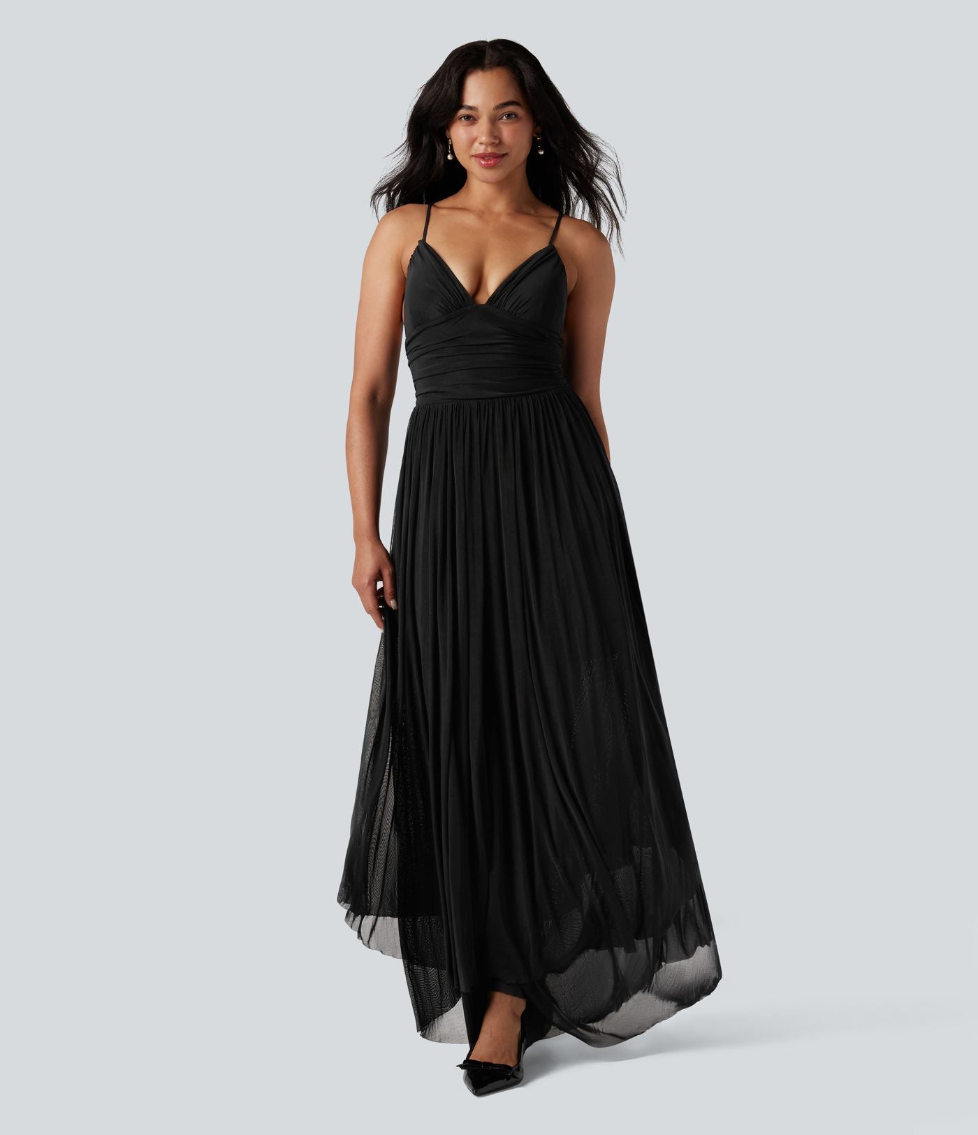Robe longue à bretelles en résille superposée avec laçage et soutien-gorge intégré
