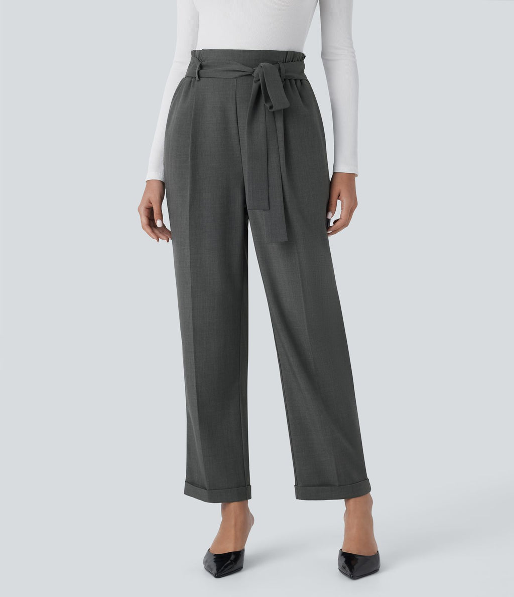 Pantalon Tailleur à taille haute, ceinture, poches latérales et jambes droites