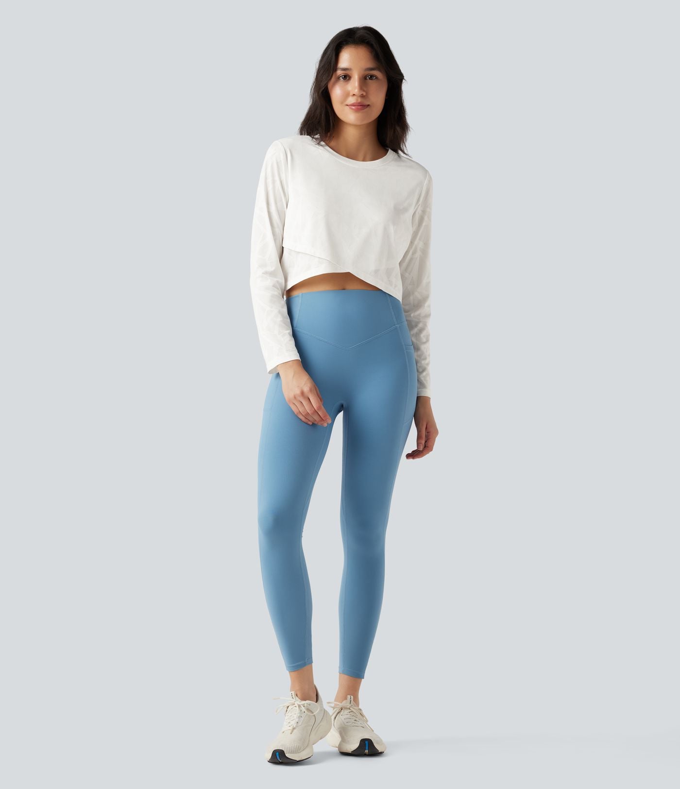 Top de sport yoga jacquard ourlet croisé col rond manches longues