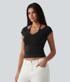 Halara T-shirt casual 2 en 1 en jersey de coton manches courtes dos noué froncé