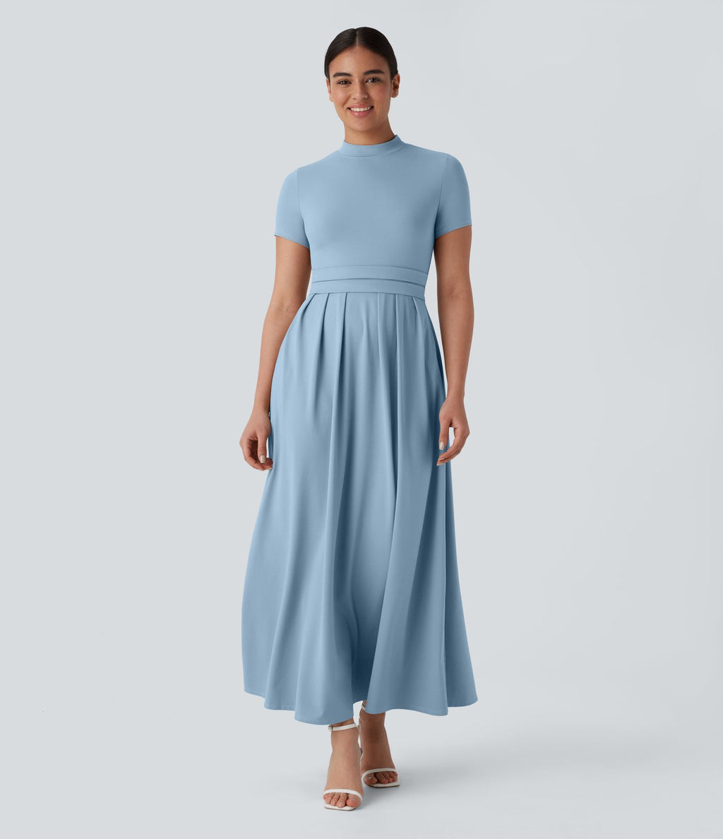 Robe longue décontractée à col montant, manches courtes et poches latérales