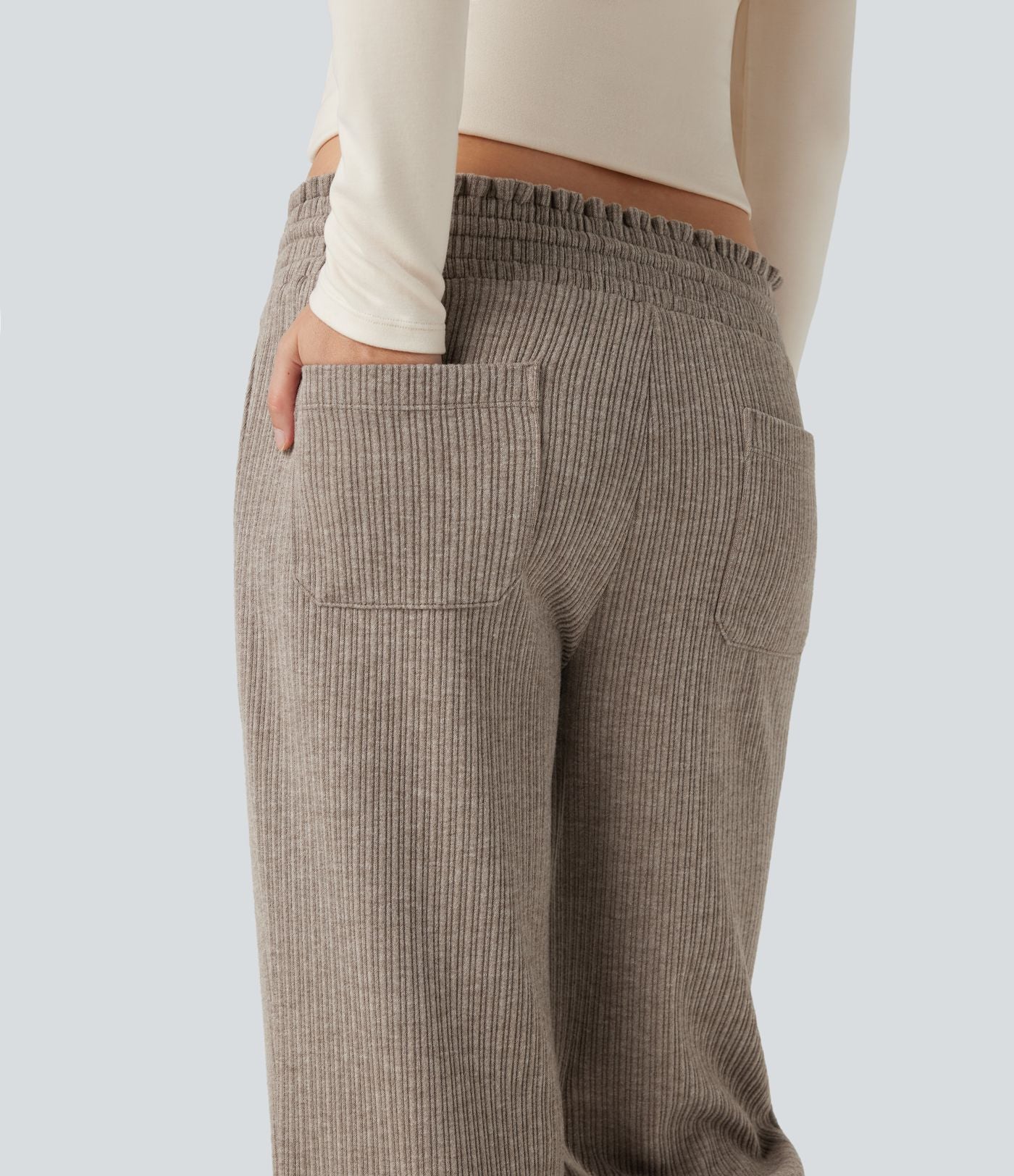 Pantalon décontracté bootcut côtelé, taille basse, cordon et poches