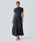Robe longue décontractée à col montant, manches courtes et poches latérales