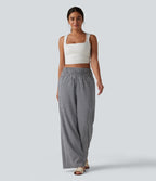 Pantalon large casual taille haute froncé à carreaux vichy avec poches