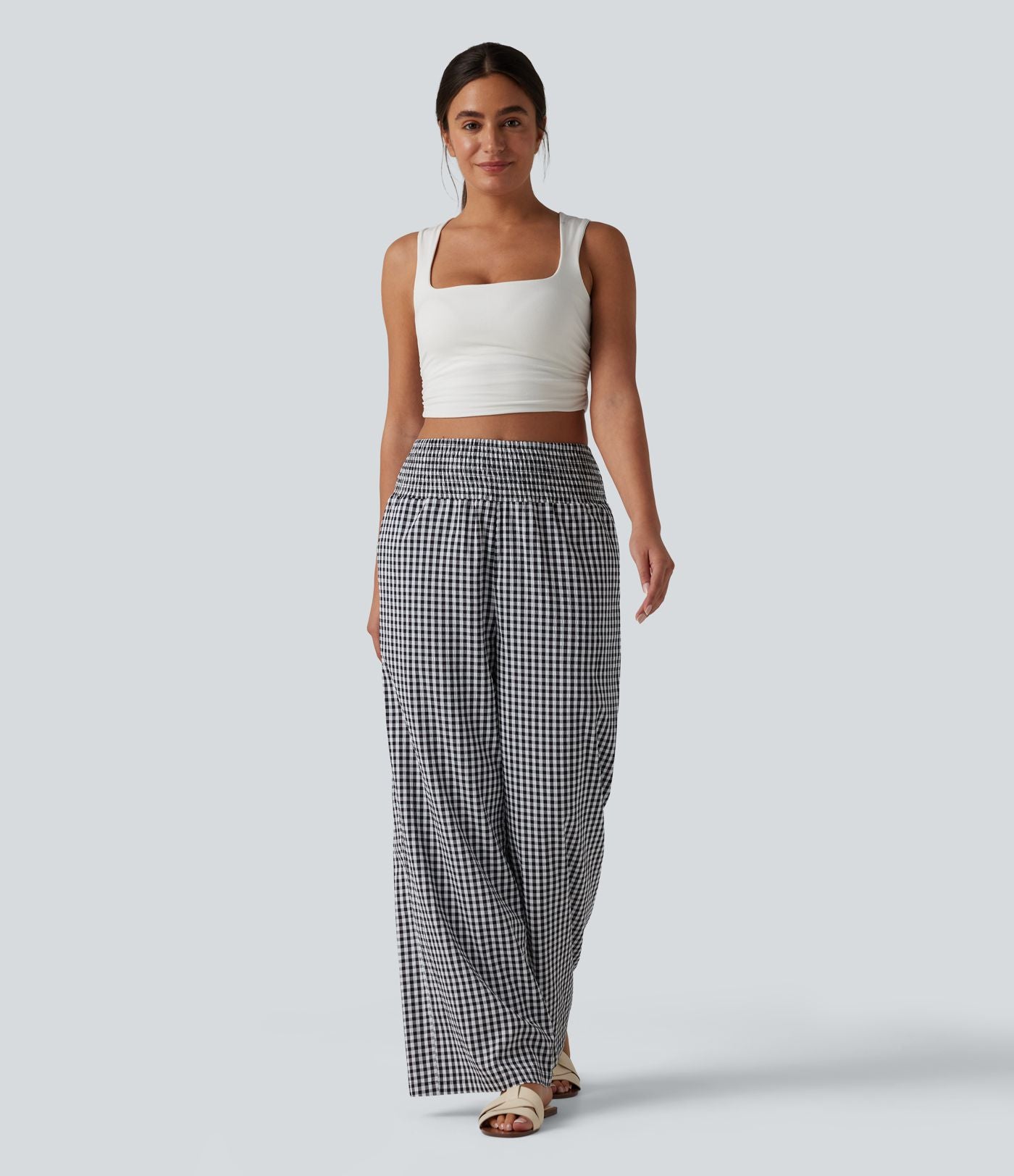 Pantalon large casual taille haute froncé à carreaux vichy avec poches