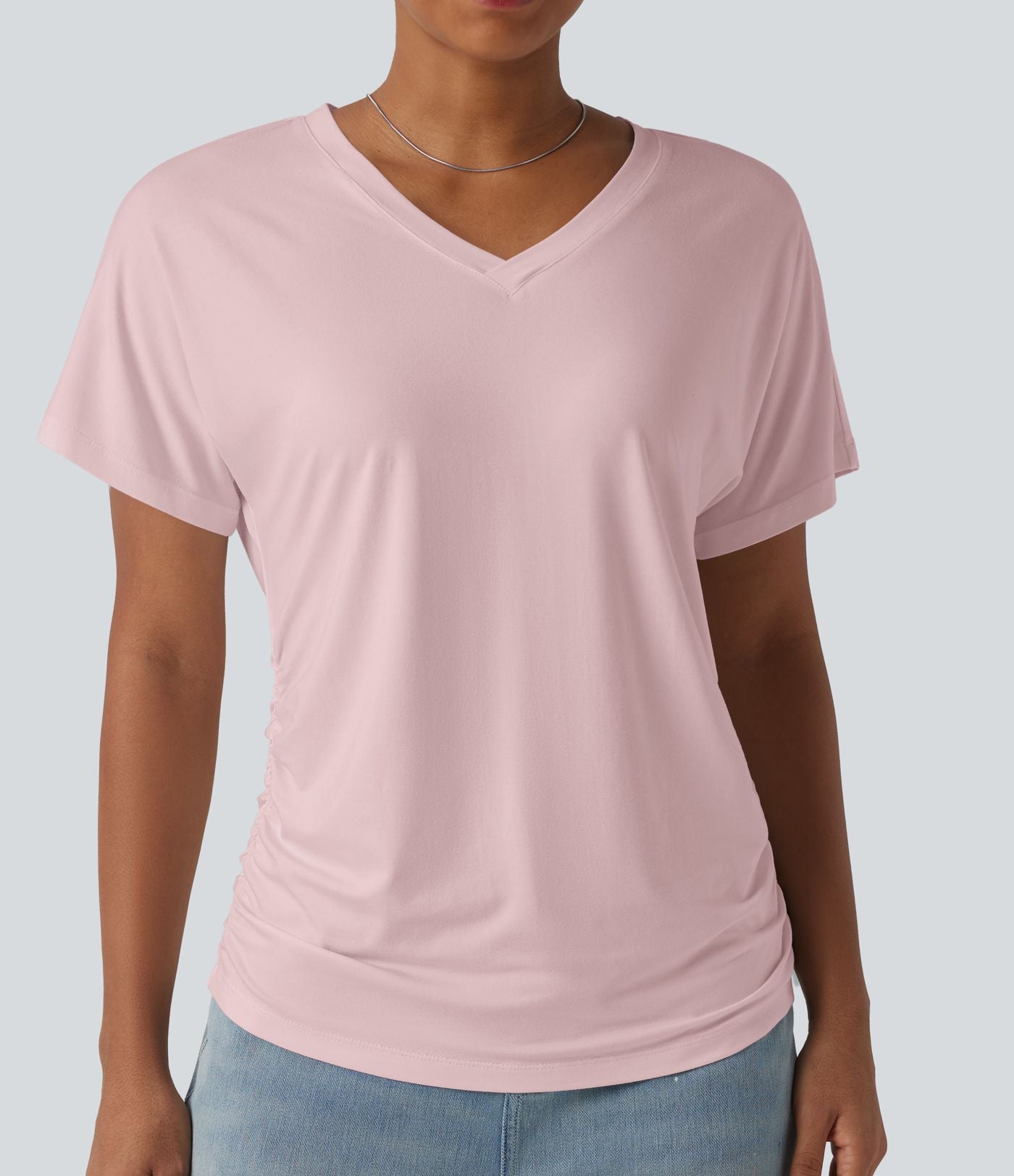T-shirt décontracté uni à manches courtes, col V et fronces