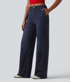 Jogging jean décontracté en molleton French Terry imprimé denim taille mi-haute avec poches