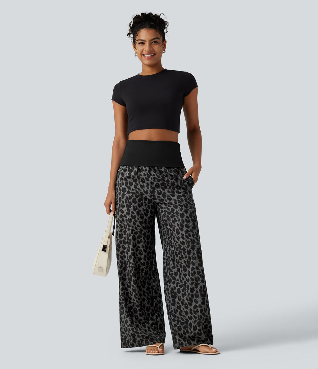 Pantalon baggy casual à imprimé léopard taille haute à revers avec fronces, cordon et poches