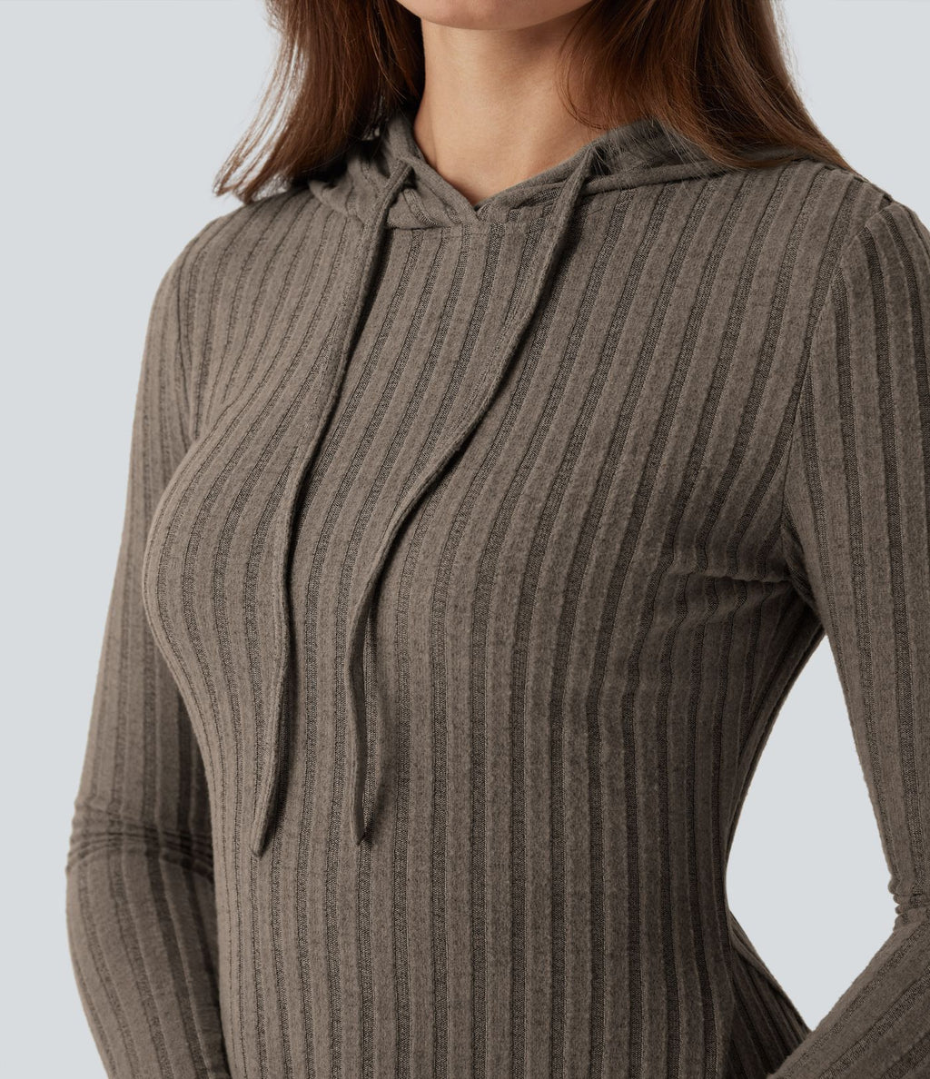 Robe décontractée mini à capuche maille côtelée manches longues avec cordon de serrage