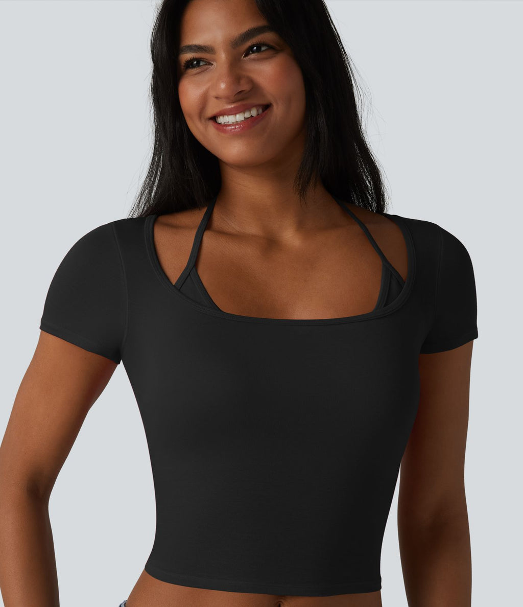 T-shirt crop décontracté côtelé dos nu à nouer avec soutien-gorge intégré manches courtes