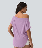 Top de sport yoga asymétrique à épaule dénudée manches courtes ourlet arrondi et coupe asymétrique à séchage rapide – Soutien-gorge intégré