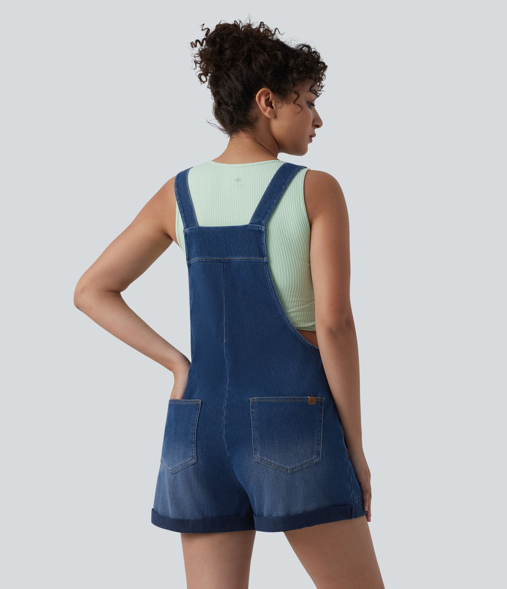 Halara Flex™ Salopette courte en denim encolure carrée ourlet retroussé avec poches