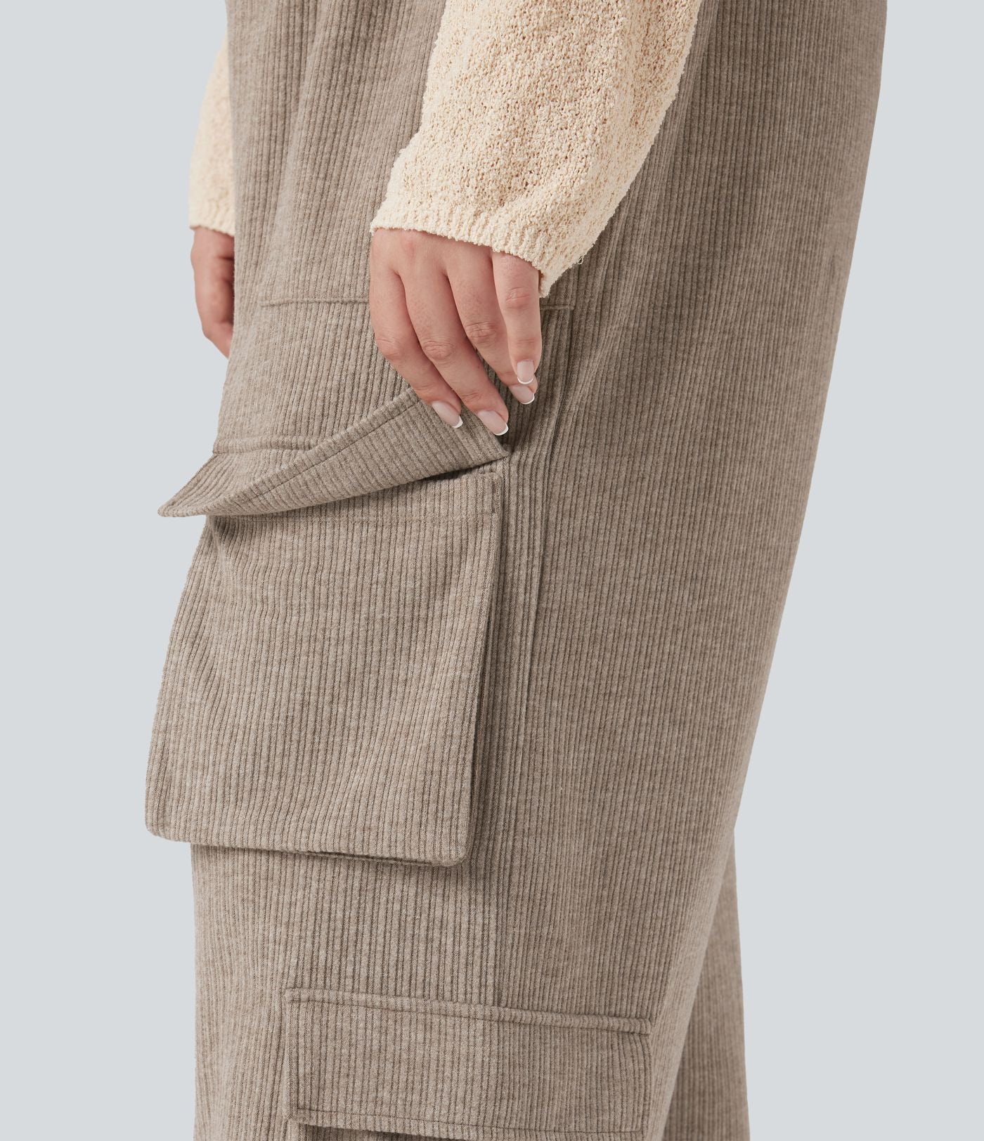 Pantalon cargo décontracté grande taille, ample, côtelé, taille mi-haute, à cordon, avec poches