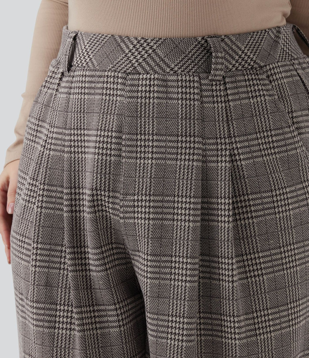 Pantalon décontracté grande taille large taille haute à carreaux pied-de-poule avec poches