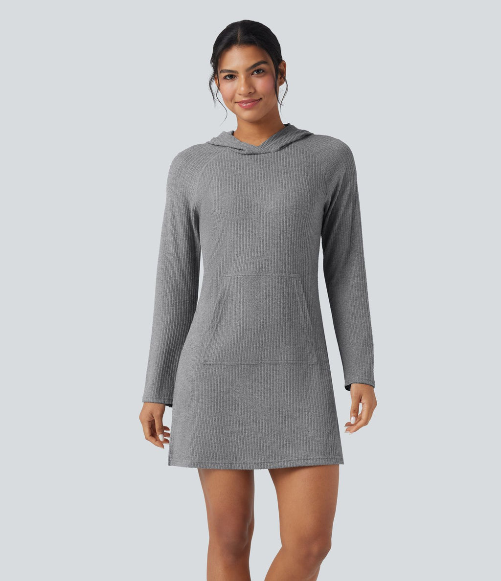 Robe active mini de randonnée maille côtelée à capuche manches longues avec poche