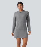 Robe active mini de randonnée maille côtelée à capuche manches longues avec poche