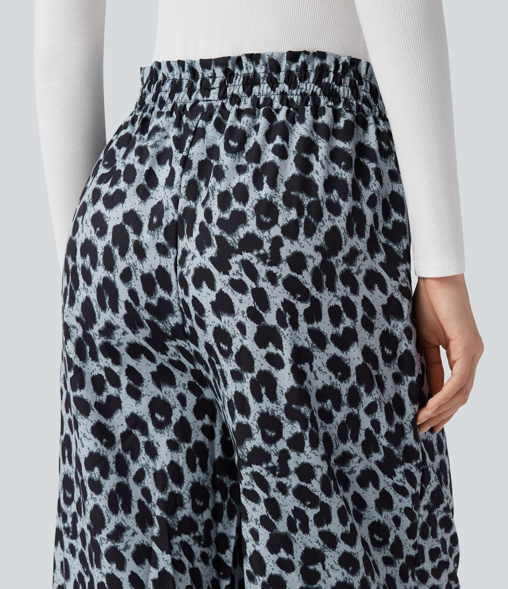 Pantalon large et fluide à imprimé léopard, taille haute avec cordon de serrage et poches latérales