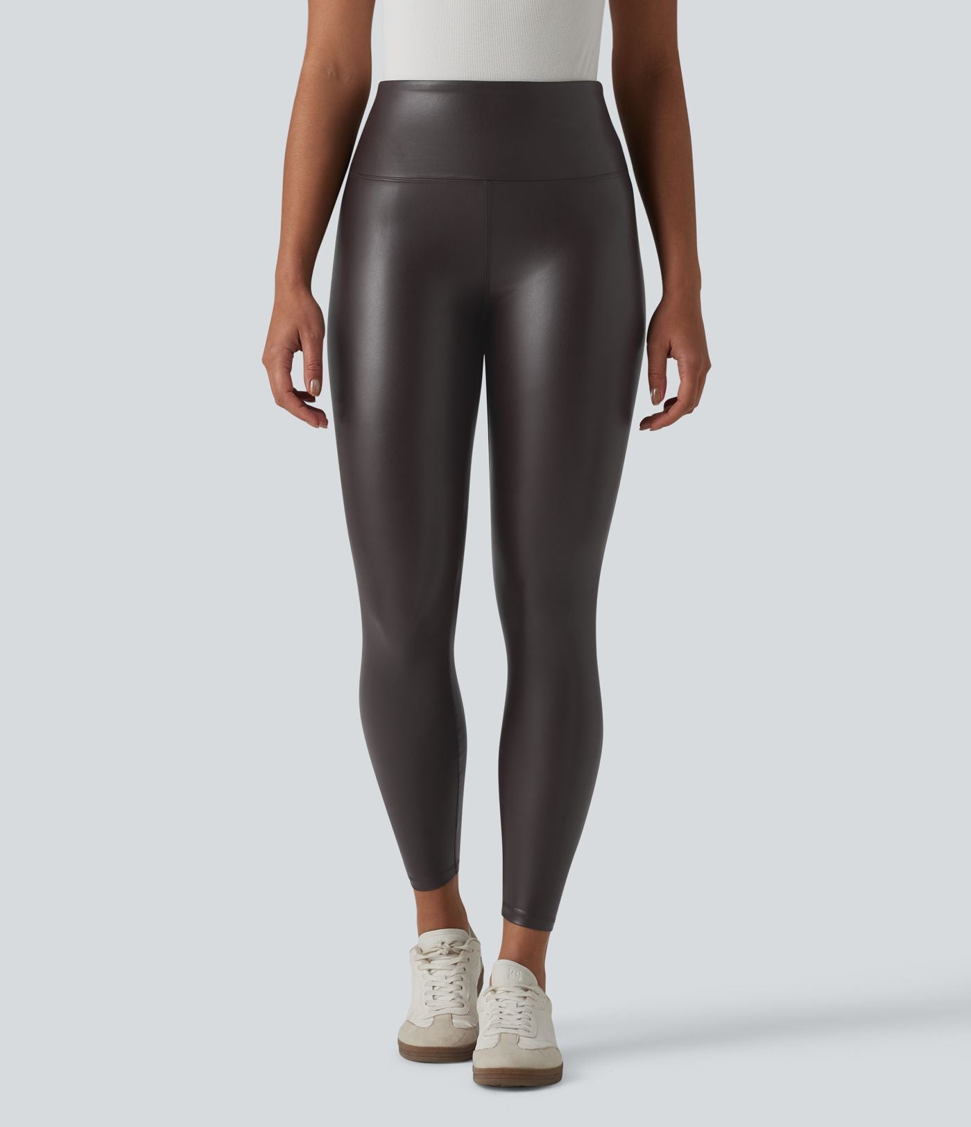 Legging casual 7/8 taille haute ventre plat en similicuir extensible, avec poches