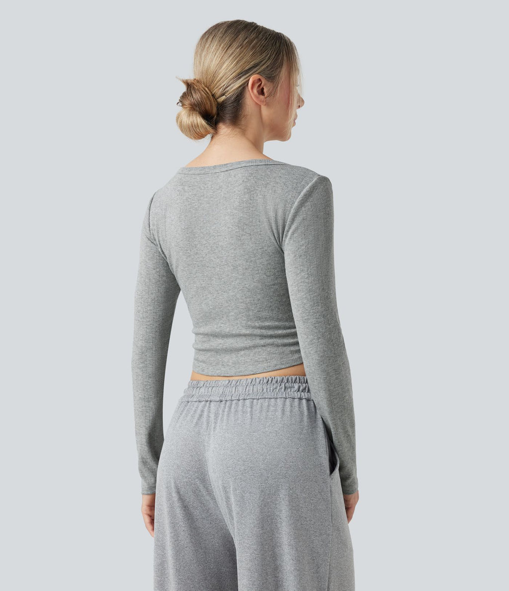 Haut détente cropped maille côtelée col henley manches longues