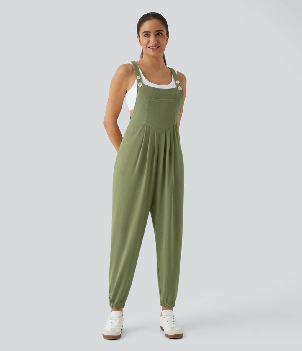 Salopette Casual Bretelles Ajustables Boutonnés Multiples Poches Plis et Tissu Gaufré