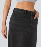 Halara Flex™ Jupe en Jean longue décontractée extensible délavé taille moyenne avec fente et multiples poches