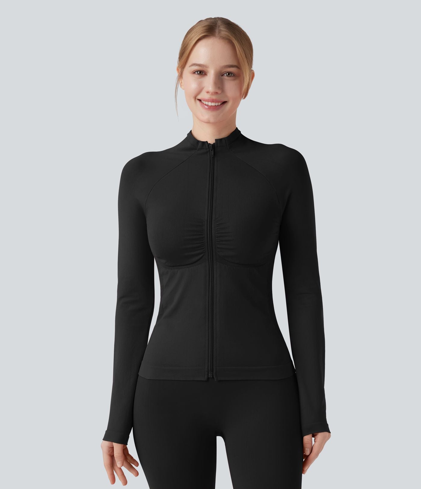 OneForm Seamless Flow Veste yoga zippée froncée à manches longues