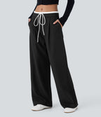 Pantalon décontracté jambe large bicolore double épaisseur, taille basse avec poches latérales