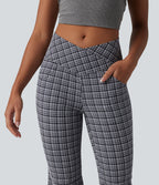 Pantalon évasé taille haute croisée ventre plat à carreaux en tissu froissé séchage rapide avec poches