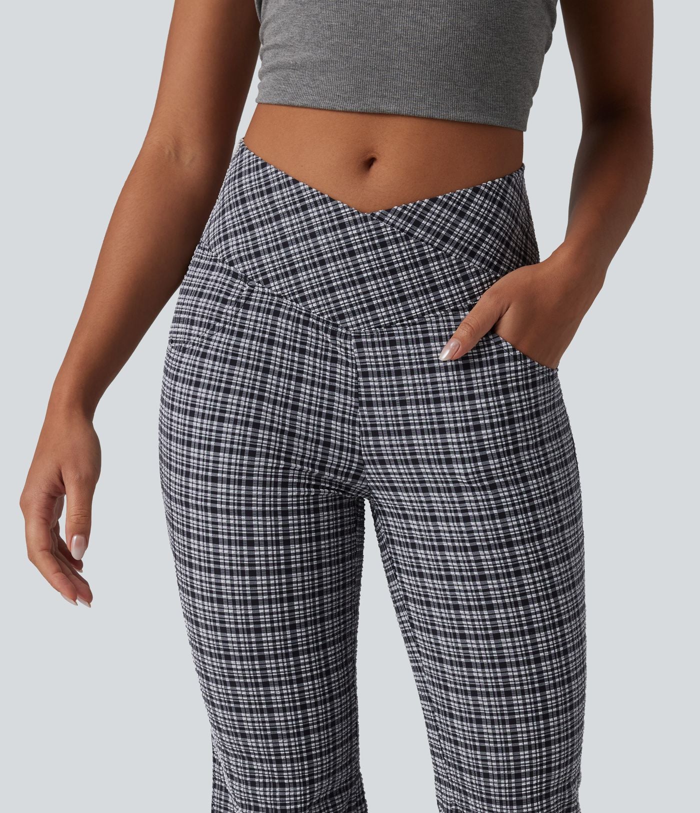 Pantalon évasé taille haute croisée ventre plat à carreaux en tissu froissé séchage rapide avec poches