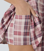 Mini-jupe décontractée 2-en-1 à carreaux, taille haute plissée, poche latérale et boucle ajustable