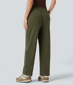 Pantalon décontracté fuselé en velours côtelé, taille mi-haute, cordon et poches