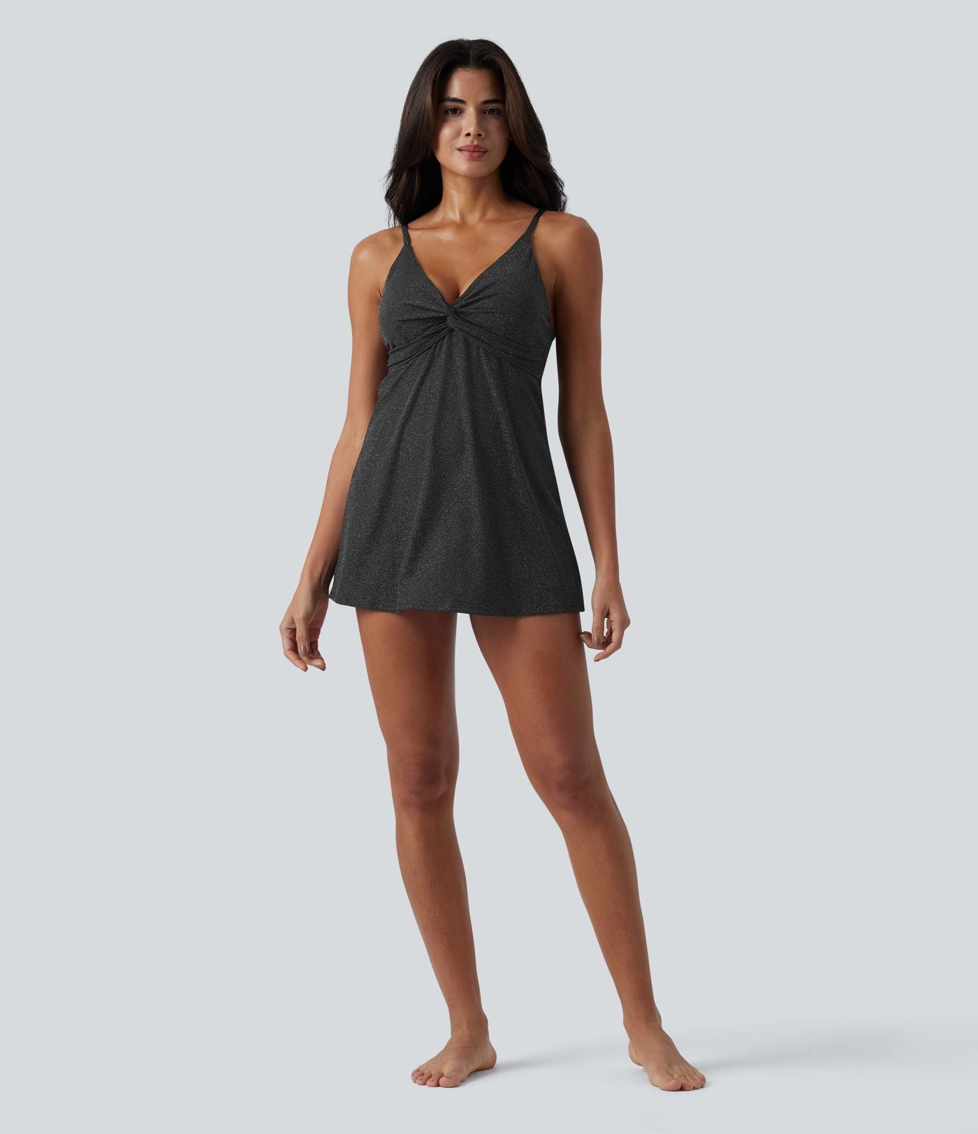 Maillot de bain une pièce métallisé col V soutien-gorge intégré ventre plat avec poches
