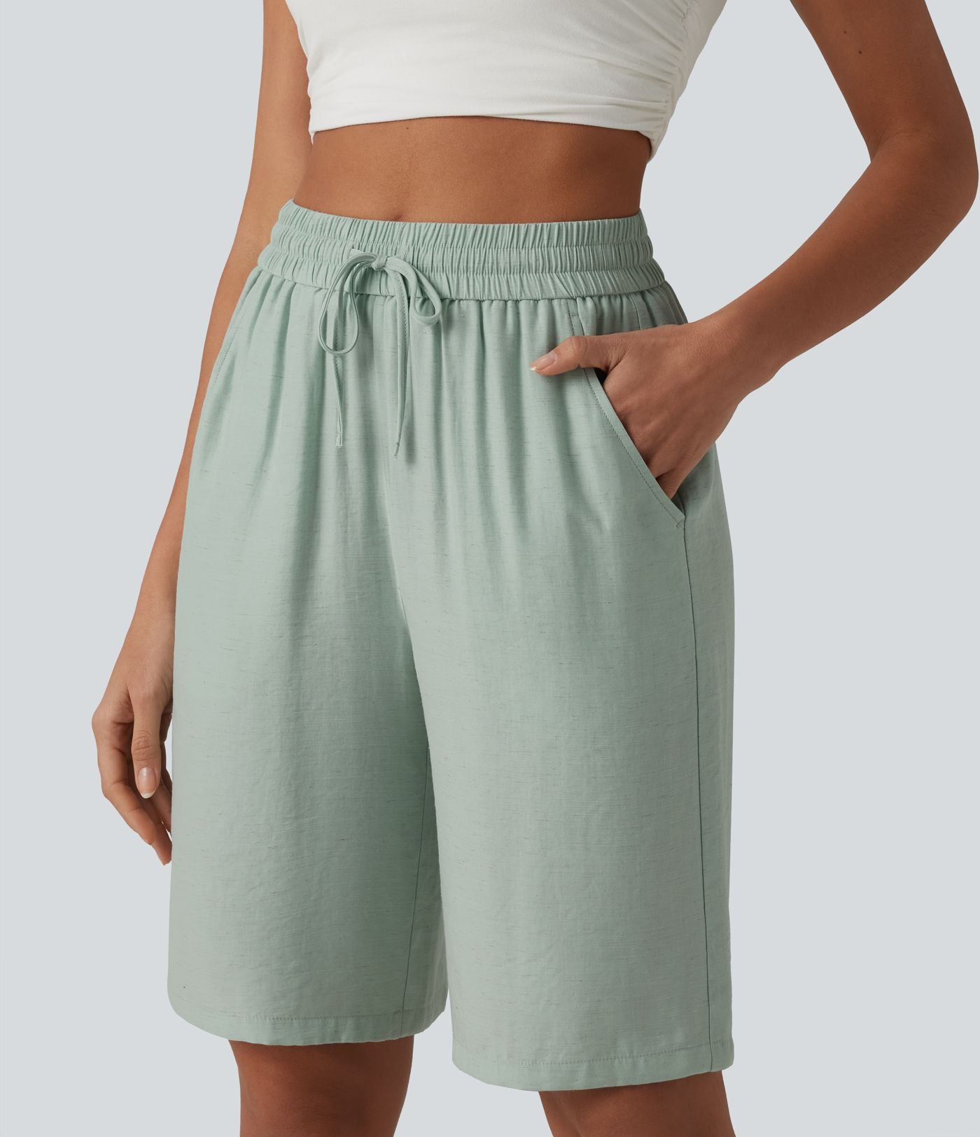 Short décontracté taille haute en lin mélangé avec cordon de serrage et poches, 25 cm