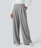 Pantalon taille haute décontracté large en maille gaufrée, avec poches